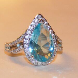 925 Blue Topaz CZ Halo Split Pave Cocktail/Statement Ring